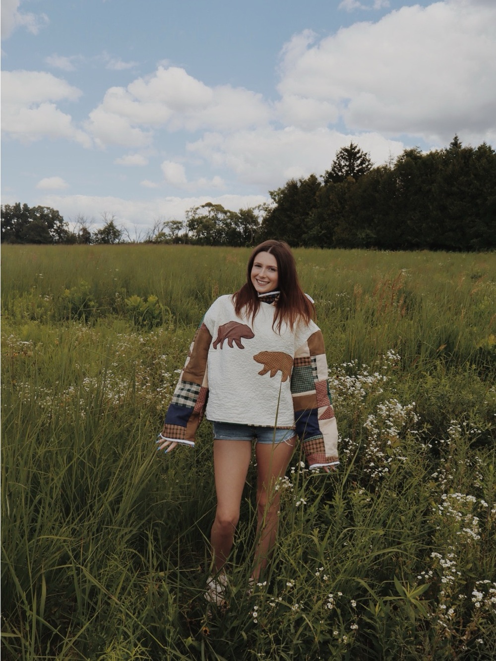 Cream Patchwork Bear Pullover Hoodie